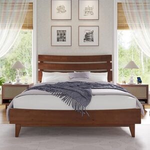 vanacc queen size solid wood bed frame, mid century platform bed with slatted headboard, wood slat support/no box spring needed/noise free/walnut