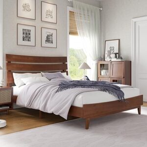 VanAcc Queen Size Solid Wood Bed Frame, Mid Century Platform Bed with Slatted Headboard, Wood Slat Support/No Box Spring Needed/Noise Free/Walnut