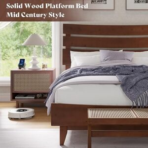 VanAcc Queen Size Solid Wood Bed Frame, Mid Century Platform Bed with Slatted Headboard, Wood Slat Support/No Box Spring Needed/Noise Free/Walnut
