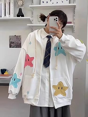 Cbsdezanos Women Y2k Zip Up Hoodie Star Graphic Oversized Sweatshirt Hip Hop Aesthetic Hoodies Punk Goth Jacket Streetwear (star graphic White, S)