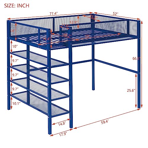 FIQHOME Twin Size Metal Loft Bed with 4-Tier Shelves,Heaty Metal Loft Bedframe with Safety Guardrail and Storage,Space Saving Loft Bed Twin for Kids Teens, Blue