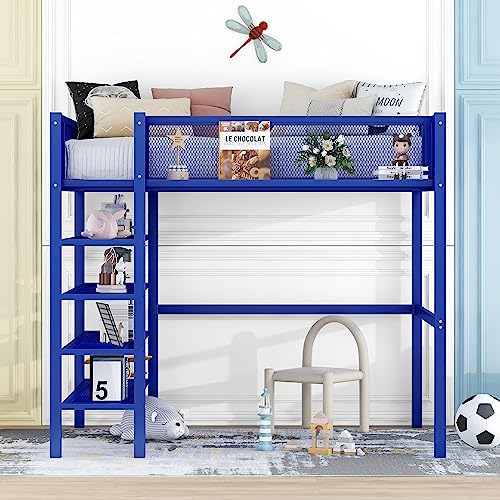 FIQHOME Twin Size Metal Loft Bed with 4-Tier Shelves,Heaty Metal Loft Bedframe with Safety Guardrail and Storage,Space Saving Loft Bed Twin for Kids Teens, Blue