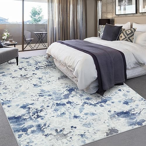 Zacoo Modern 5x7 Area Rugs for Living Room Geometric Abstract Area Rug Low Pile Floor Carpet Throw Rug Bedroom Decor Non Slip Rugs Non Shedding Area Rugs Dining Room Nursery Room Decor, Blue/White