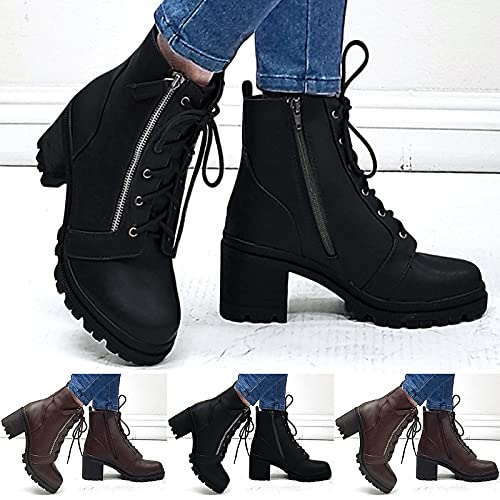 Cow Print Boots for Women Up Lace Heel Chunky Short Wide Calf Cowboy Boots Women Chunky Block Heel Square-Toe Comfortable Short Black Boots