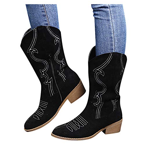 White Cowboy Boots Women Sparkly Retro Zipper Square Heel Middle Round Toe Shoes High Heel Cowgirl Boots Low Heel Pointed Toe Outdoor Boots Women