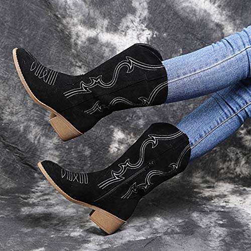 White Cowboy Boots Women Sparkly Retro Zipper Square Heel Middle Round Toe Shoes High Heel Cowgirl Boots Low Heel Pointed Toe Outdoor Boots Women