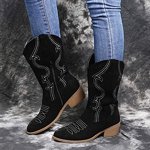 White Cowboy Boots Women Sparkly Retro Zipper Square Heel Middle Round Toe Shoes High Heel Cowgirl Boots Low Heel Pointed Toe Outdoor Boots Women