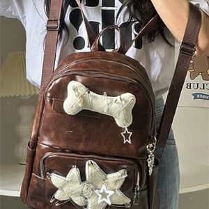 JHTPSLR Y2K Gothic Backpack Vintage Aesthetic PU Leather Backpack Y2K Gothic Accessories Backpack Grunge Y2K Backpack Trendy Backpack (Retro Brown)