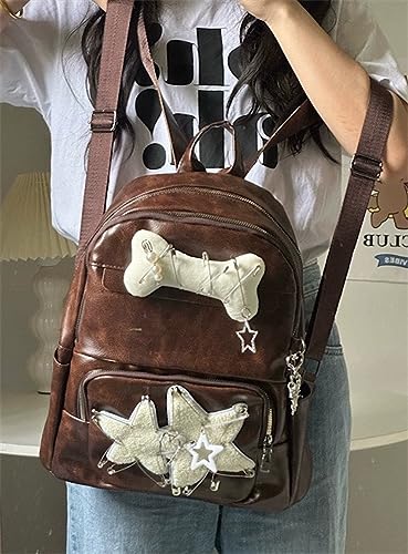 JHTPSLR Y2K Gothic Backpack Vintage Aesthetic PU Leather Backpack Y2K Gothic Accessories Backpack Grunge Y2K Backpack Trendy Backpack (Retro Brown)