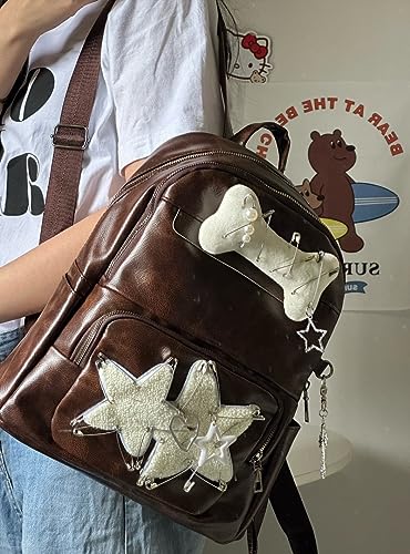 JHTPSLR Y2K Gothic Backpack Vintage Aesthetic PU Leather Backpack Y2K Gothic Accessories Backpack Grunge Y2K Backpack Trendy Backpack (Retro Brown)