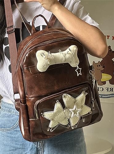 JHTPSLR Y2K Gothic Backpack Vintage Aesthetic PU Leather Backpack Y2K Gothic Accessories Backpack Grunge Y2K Backpack Trendy Backpack (Retro Brown)