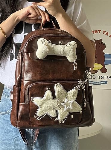 JHTPSLR Y2K Gothic Backpack Vintage Aesthetic PU Leather Backpack Y2K Gothic Accessories Backpack Grunge Y2K Backpack Trendy Backpack (Retro Brown)