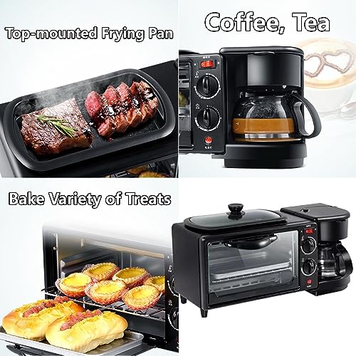 Multifunction Breakfast Station 3 In 1 Toaster Mini Oven With Coffee Maker With Glass Lid & Griddle For Home Breakfast Bread Pizza Egg Coffee Cooking