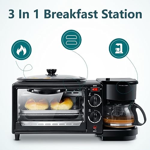 Multifunction Breakfast Station 3 In 1 Toaster Mini Oven With Coffee Maker With Glass Lid & Griddle For Home Breakfast Bread Pizza Egg Coffee Cooking