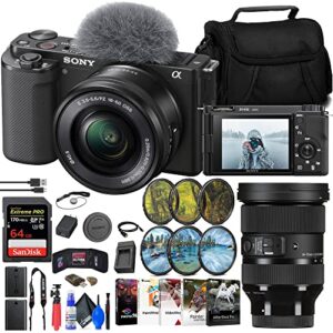 sony zv-e10 mirrorless camera with 16-50mm lens (black) (ilczv-e10l/b) + sigma 24-70mm f/2.8 lens (578965) + 64gb card + filter kit + external charger + npf-w50 battery + card reader + more (renewed)