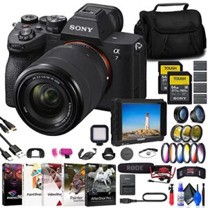 sony a7 iv mirrorless camera with 28-70mm lens (ilce-7m4k) + 4k monitor + rode videomic + 2 x 64gb card + filter kit + wide angle lens + telephoto lens + color filter kit + lens hood + more (renewed)