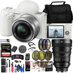 sony zv-e10 mirrorless camera with 16-50mm lens (white) (ilczv-e10l/w) + sony fe pz 28-135mm lens (selp28135g) + 64gb card + filter kit + external charger + npf-w50 battery + more (renewed)