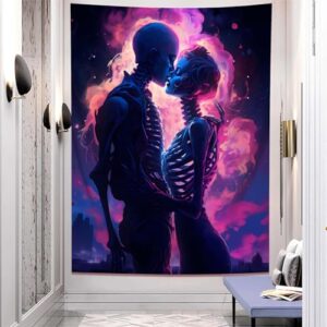 qghot goth skull tapestry wall hanging, gothic lovers tapestry for bedroom aesthetics, trippy skeleton tapestry for living room bedroom college dorm room wall love art decor (29x37 in)