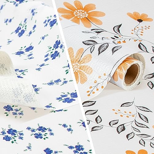 RAY STAR Shelf Liner, Non Adhesive Bue Daisy Floral Cabinet Liner for Pantry Drawer Vanity, Strong Grip Non Slip Waterproof, Shelf Liners for Kitchen Cabinets