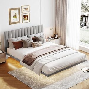 mesnt queen bed frame platform, queen size upholstered bed with sensor light and headboard, floating velvet platform bed, gray