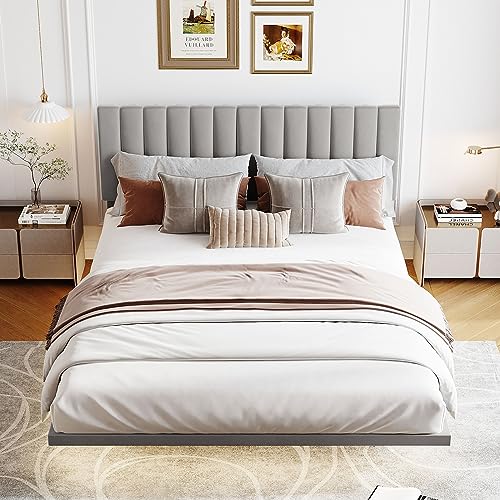 Mesnt Queen Bed Frame Platform, Queen Size Upholstered Bed with Sensor Light and Headboard, Floating Velvet Platform Bed, Gray