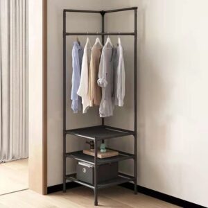 LUKEO Corner Coat Rack Multi-function Floor Standing Clothes Hanger Racks Removable Metal Clothing Storage Shelf