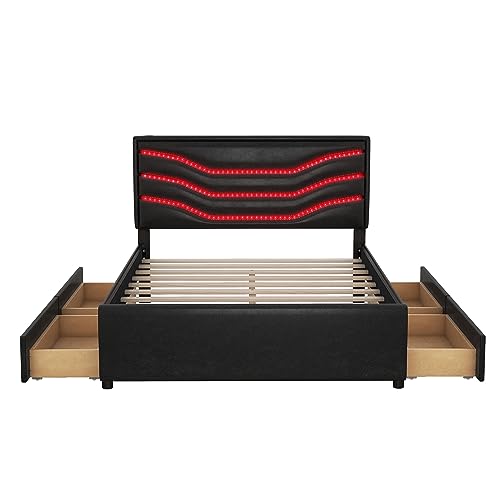 Queen Size Upholstered Storage Platform Bed with LED, 4 Drawers and USB Charging, Modern LED Bed Frame with Sturdy Wooden Slat Support for Kids Teens, Space Saving Design & Easy Assemble (Black)