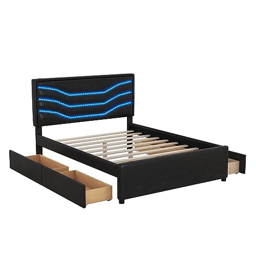 Queen Size Upholstered Storage Platform Bed with LED, 4 Drawers and USB Charging, Modern LED Bed Frame with Sturdy Wooden Slat Support for Kids Teens, Space Saving Design & Easy Assemble (Black)