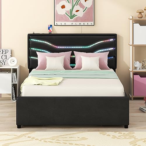 Queen Size Upholstered Storage Platform Bed with LED, 4 Drawers and USB Charging, Modern LED Bed Frame with Sturdy Wooden Slat Support for Kids Teens, Space Saving Design & Easy Assemble (Black)