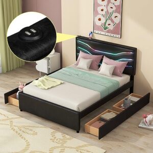 Queen Size Upholstered Storage Platform Bed with LED, 4 Drawers and USB Charging, Modern LED Bed Frame with Sturdy Wooden Slat Support for Kids Teens, Space Saving Design & Easy Assemble (Black)