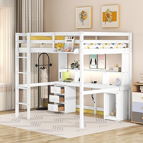 SIYSNKSI Full Size Loft Bed with Desk, Wood Loft Bed Frame with LED Light and Bedside Tray, Multi-Storage Loft Bed with Charging Station for Kids Teens Adult Bedroom