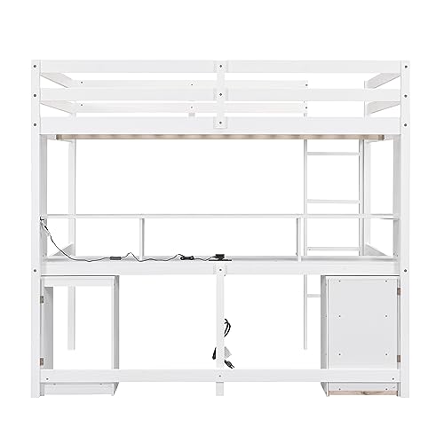 SIYSNKSI Full Size Loft Bed with Desk, Wood Loft Bed Frame with LED Light and Bedside Tray, Multi-Storage Loft Bed with Charging Station for Kids Teens Adult Bedroom