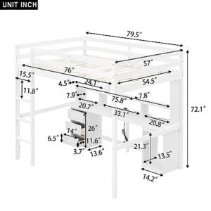 SIYSNKSI Full Size Loft Bed with Desk, Wood Loft Bed Frame with LED Light and Bedside Tray, Multi-Storage Loft Bed with Charging Station for Kids Teens Adult Bedroom