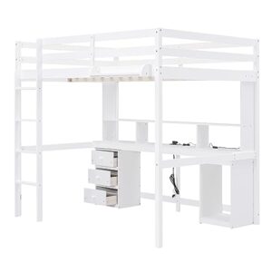 SIYSNKSI Full Size Loft Bed with Desk, Wood Loft Bed Frame with LED Light and Bedside Tray, Multi-Storage Loft Bed with Charging Station for Kids Teens Adult Bedroom