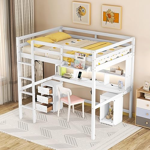 SIYSNKSI Full Size Loft Bed with Desk, Wood Loft Bed Frame with LED Light and Bedside Tray, Multi-Storage Loft Bed with Charging Station for Kids Teens Adult Bedroom