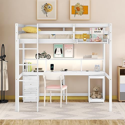 SIYSNKSI Full Size Loft Bed with Desk, Wood Loft Bed Frame with LED Light and Bedside Tray, Multi-Storage Loft Bed with Charging Station for Kids Teens Adult Bedroom