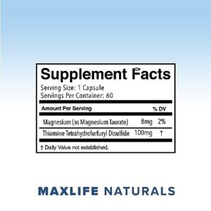 TTFD - B1 Max - Thiamine Vitamin B1 TTFD - 100mg - (Thiamine Tetrahydrofurfuryl Disulfide) Thiamine MAX, 60 Capsules by MAXLIFE NATURALS.