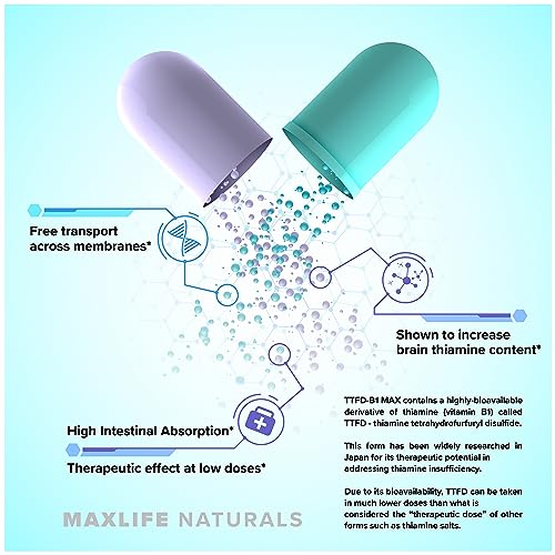 TTFD - B1 Max - Thiamine Vitamin B1 TTFD - 100mg - (Thiamine Tetrahydrofurfuryl Disulfide) Thiamine MAX, 60 Capsules by MAXLIFE NATURALS.