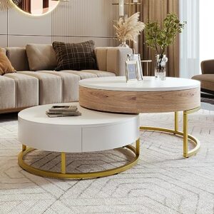 merax round lift-top nesting coffee table set of 2,with storage 2 drawers,perfect for living room small space apartment, white/natural