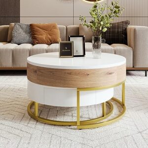 Merax Round Lift-Top Nesting Coffee Table Set of 2,with Storage 2 Drawers,Perfect for Living Room Small Space Apartment, White/Natural