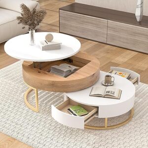 Merax Round Lift-Top Nesting Coffee Table Set of 2,with Storage 2 Drawers,Perfect for Living Room Small Space Apartment, White/Natural