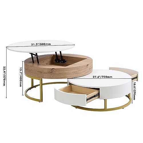 Merax Round Lift-Top Nesting Coffee Table Set of 2,with Storage 2 Drawers,Perfect for Living Room Small Space Apartment, White/Natural