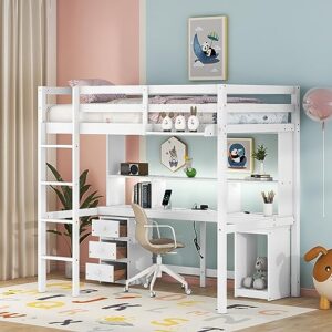 wadri twin size loft bed with multi-storage desk, wood loft bed frame with led light and bedside tray, loft bed with charging station for kids teens adult, space-saving design