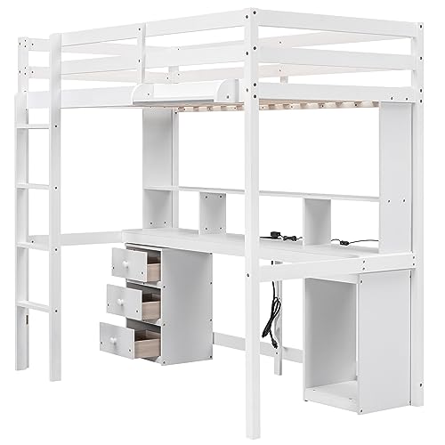 WADRI Twin Size Loft Bed with Multi-Storage Desk, Wood Loft Bed Frame with LED Light and Bedside Tray, Loft Bed with Charging Station for Kids Teens Adult, Space-Saving Design