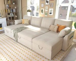 vanacc sleeper sofa, 110 inch overisze - 2 in 1 pull out bed, sectional sleeper sofa with double storage chaise for living room, beige chenille couch