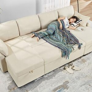 VanAcc Sleeper Sofa, 110 inch Overisze - 2 in 1 Pull Out Bed, Sectional Sleeper Sofa with Double Storage Chaise for Living Room, Beige Chenille Couch