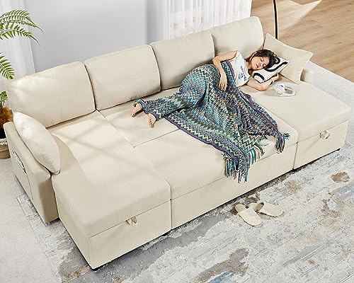 VanAcc Sleeper Sofa, 110 inch Overisze - 2 in 1 Pull Out Bed, Sectional Sleeper Sofa with Double Storage Chaise for Living Room, Beige Chenille Couch