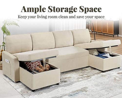 VanAcc Sleeper Sofa, 110 inch Overisze - 2 in 1 Pull Out Bed, Sectional Sleeper Sofa with Double Storage Chaise for Living Room, Beige Chenille Couch