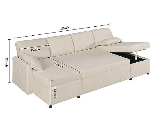 VanAcc Sleeper Sofa, 110 inch Overisze - 2 in 1 Pull Out Bed, Sectional Sleeper Sofa with Double Storage Chaise for Living Room, Beige Chenille Couch