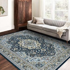 zacoo boho rug 5x7 area rugs for living room vintage bedroom decor distressed non slip rugs carpet low pile non shedding oriental rug tribal area rugs dining room nursery, blue/taupe